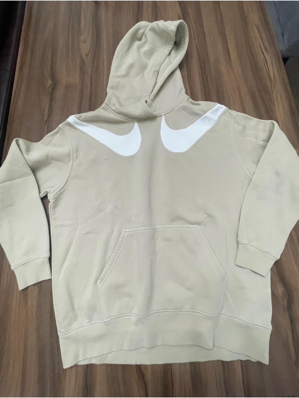 Nike Men's Beige Hoodie with double White Swoosh Accents S